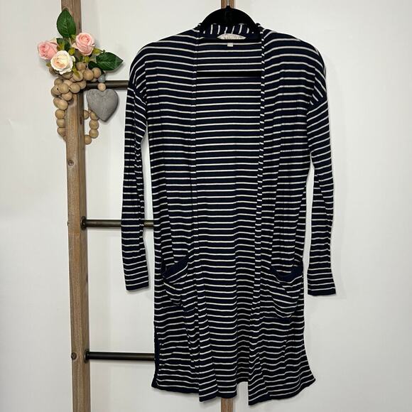 Athleta Silk Cashmere Navy White Striped Front Wide Open Cardigan Size Small - Picture 1 of 6